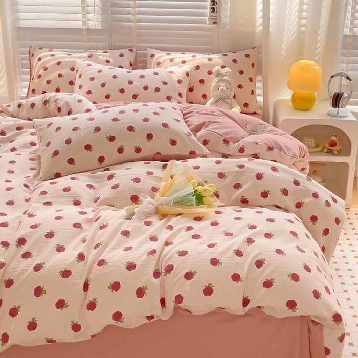 91家纺网 家纺一手货源 找家纺 暖芯优选2023新款超柔有氧小竺提花棉双层纱学生四件套 温宁花语