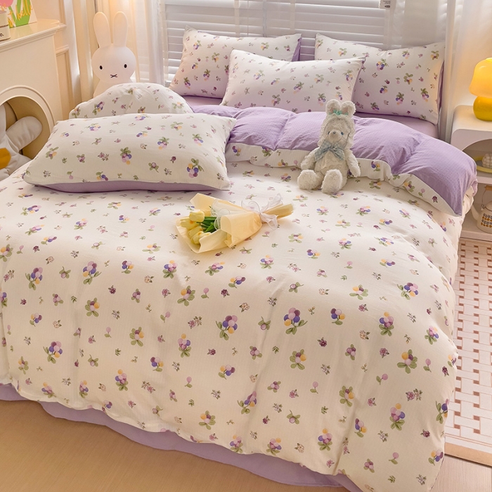 91家纺网 家纺一手货源 找家纺 暖芯优选2023新款超柔有氧小竺提花棉双层纱学生四件套 紫葡萄