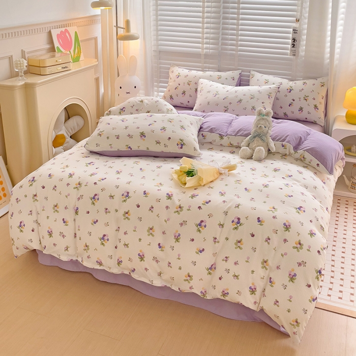 91家纺网 家纺一手货源 找家纺 暖芯优选2023新款超柔有氧小竺提花棉双层纱学生四件套 紫葡萄