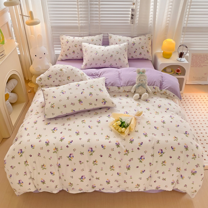 91家纺网 家纺一手货源 找家纺 暖芯优选2023新款超柔有氧小竺提花棉双层纱学生四件套 紫葡萄