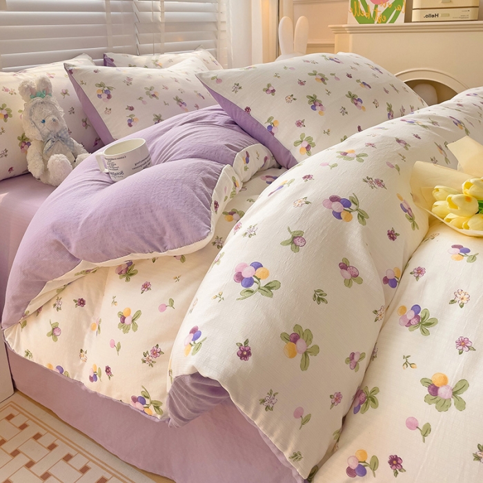 91家纺网 家纺一手货源 找家纺 暖芯优选2023新款超柔有氧小竺提花棉双层纱学生四件套 紫葡萄