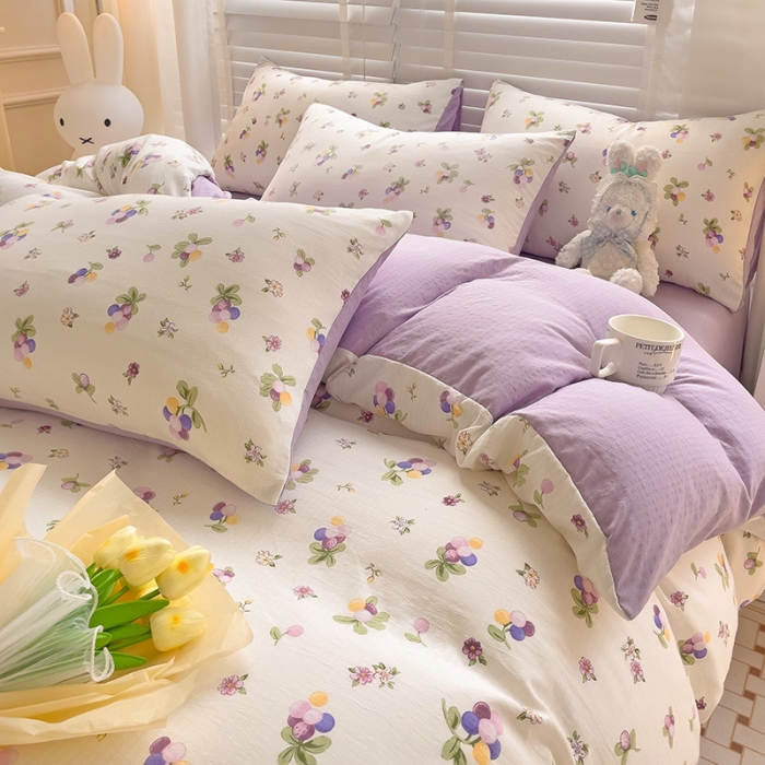 91家纺网 家纺一手货源 找家纺 暖芯优选2023新款超柔有氧小竺提花棉双层纱学生四件套 紫葡萄