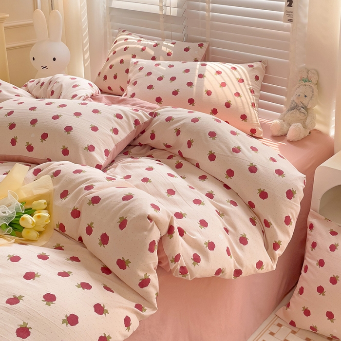 91家纺网 家纺一手货源 找家纺 暖芯优选2023新款超柔有氧小竺提花棉双层纱学生四件套 温宁花语