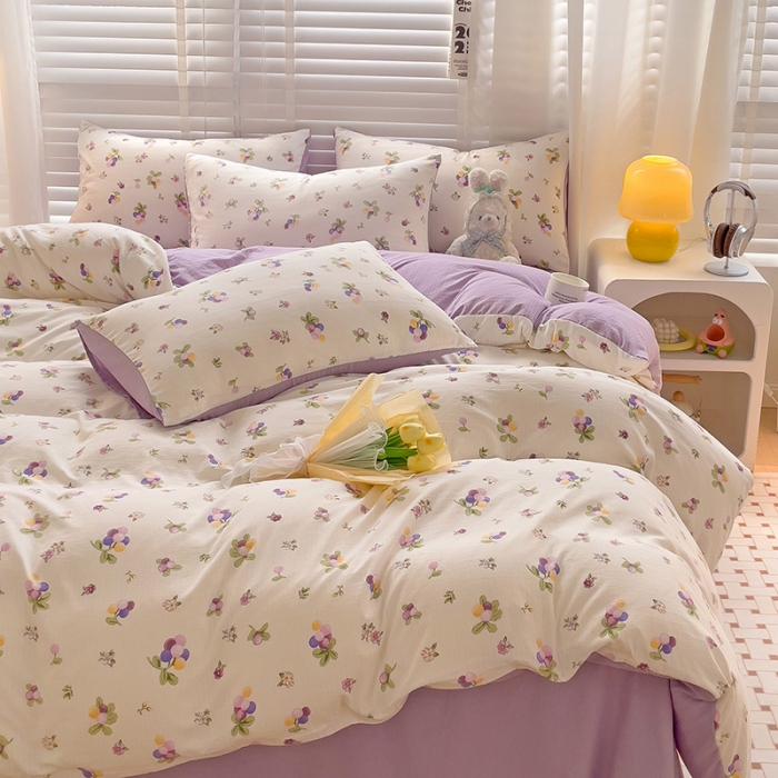 91家纺网 家纺一手货源 找家纺 暖芯优选2023新款超柔有氧小竺提花棉双层纱学生四件套 紫葡萄