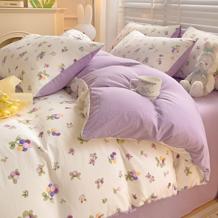 91家纺网 家纺一手货源 找家纺 暖芯优选2023新款超柔有氧小竺提花棉双层纱学生四件套 紫葡萄