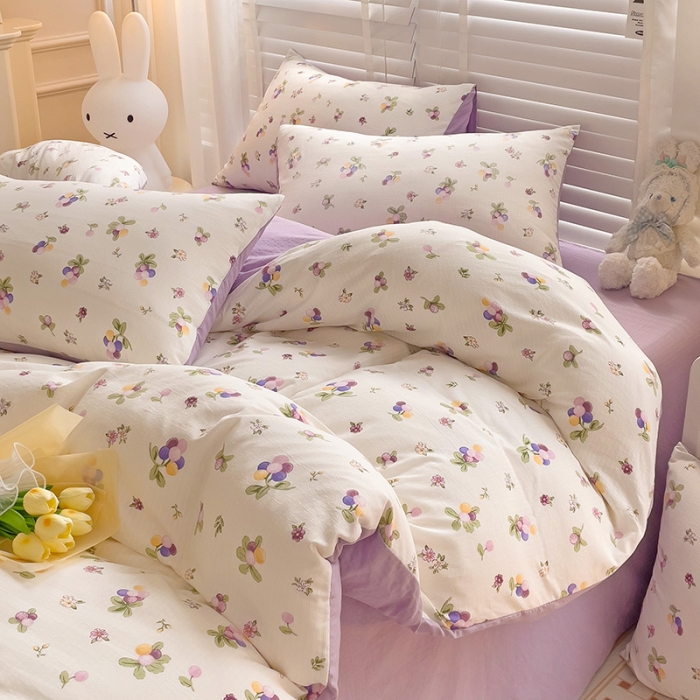 91家纺网 家纺一手货源 找家纺 暖芯优选2023新款超柔有氧小竺提花棉双层纱学生四件套 紫葡萄