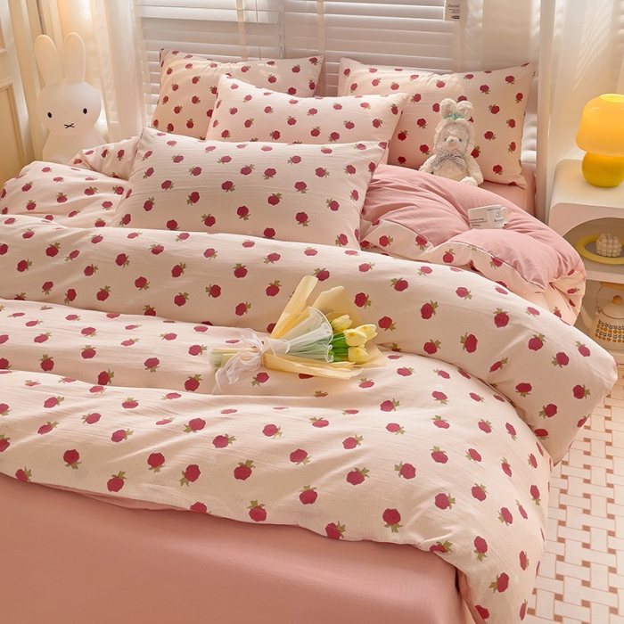 91家纺网 家纺一手货源 找家纺 暖芯优选2023新款超柔有氧小竺提花棉双层纱学生四件套 温宁花语