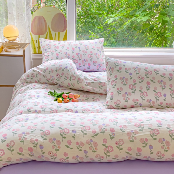 91家纺网 家纺一手货源 找家纺 暖芯优选 2023直播热款超柔水洗棉双层纱四件套 芳华