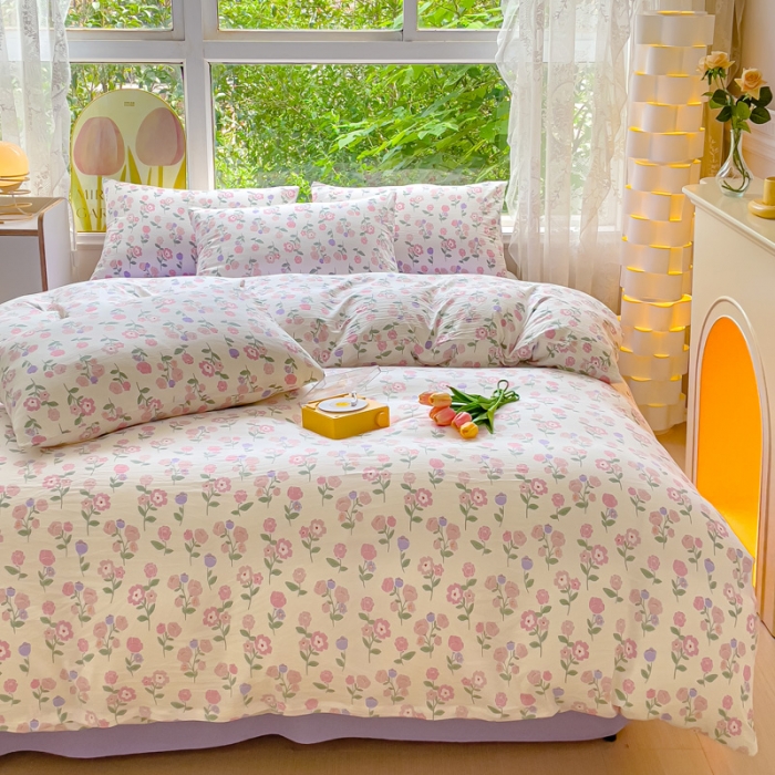 91家纺网 家纺一手货源 找家纺 暖芯优选 2023直播热款超柔水洗棉双层纱四件套 芳华