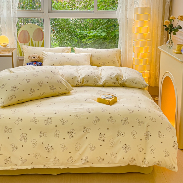 91家纺网 家纺一手货源 找家纺 暖芯优选 2023直播热款超柔水洗棉双层纱四件套 乖熊