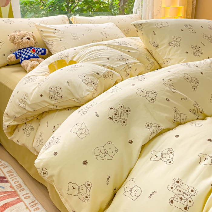 91家纺网 家纺一手货源 找家纺 暖芯优选 2023直播热款超柔水洗棉双层纱四件套 乖熊