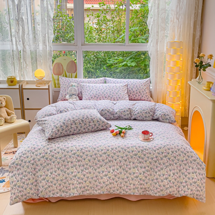 91家纺网 家纺一手货源 找家纺 暖芯优选 2023直播热款超柔水洗棉双层纱四件套 花丛兔