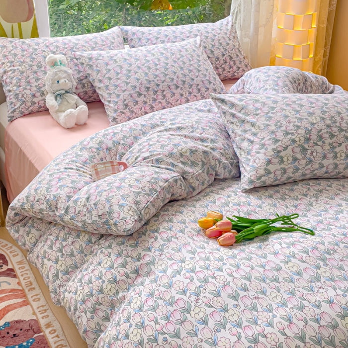 91家纺网 家纺一手货源 找家纺 暖芯优选 2023直播热款超柔水洗棉双层纱四件套 花丛兔