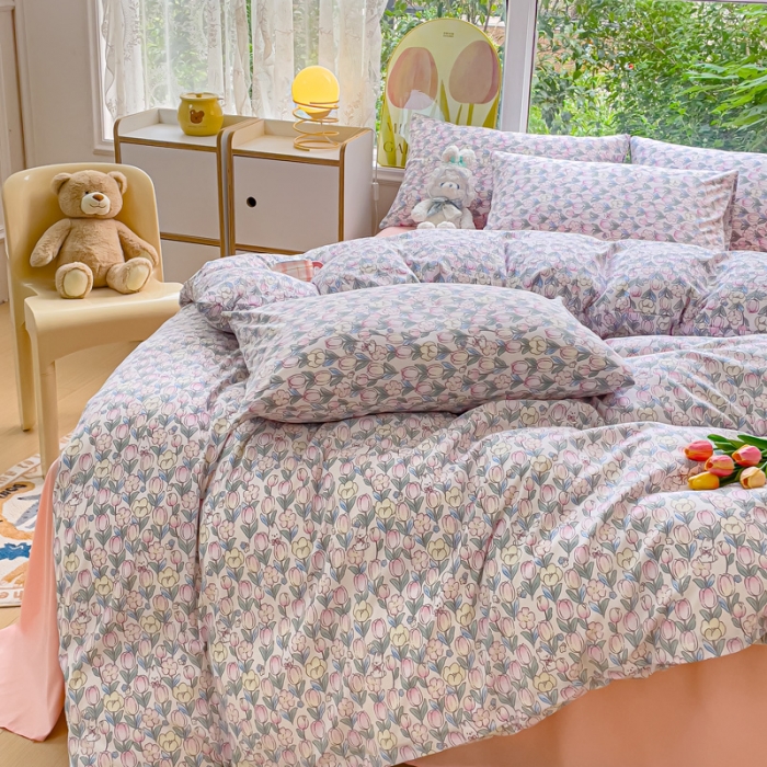 91家纺网 家纺一手货源 找家纺 暖芯优选 2023直播热款超柔水洗棉双层纱四件套 花丛兔