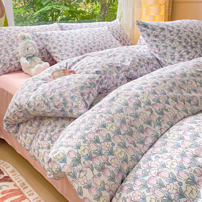 91家纺网 家纺一手货源 找家纺 暖芯优选 2023直播热款超柔水洗棉双层纱四件套 花丛兔