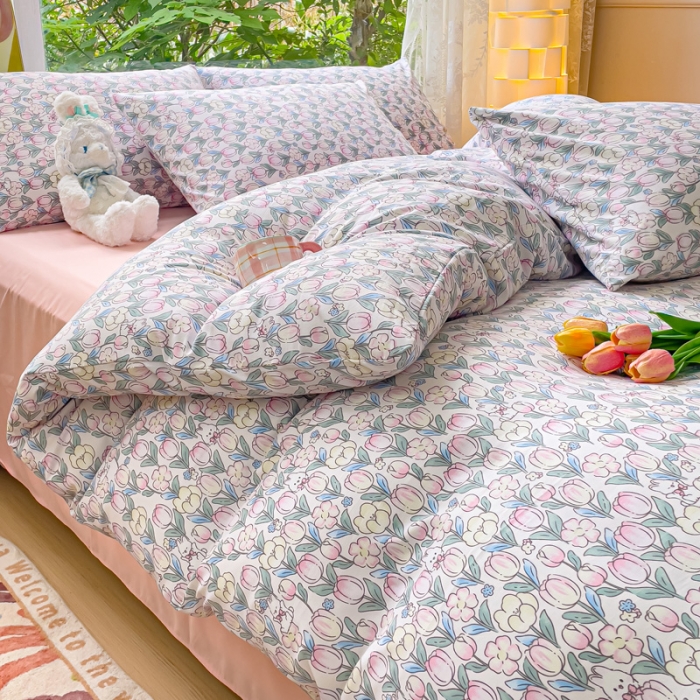 91家纺网 家纺一手货源 找家纺 暖芯优选 2023直播热款超柔水洗棉双层纱四件套 花丛兔