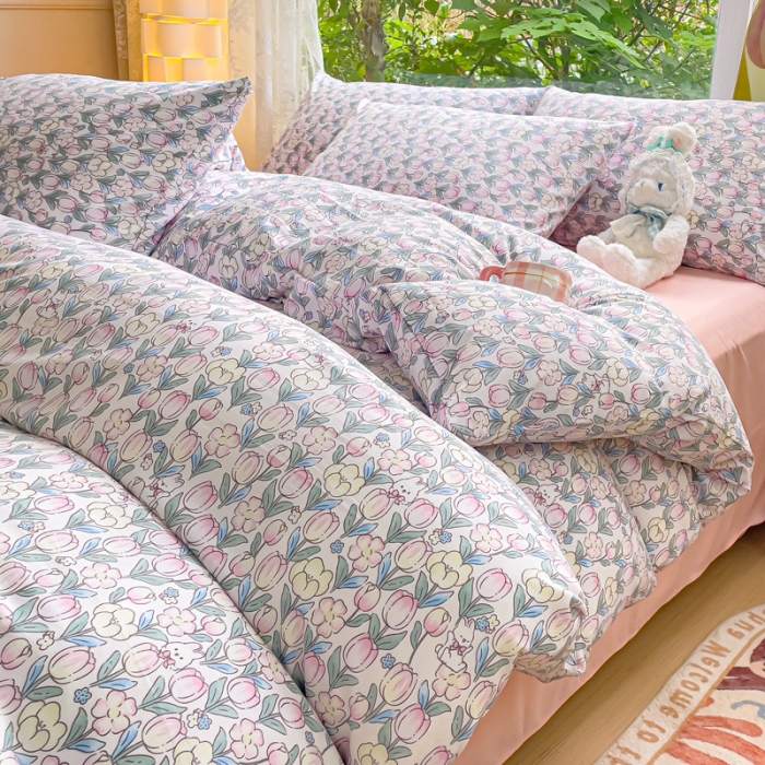 91家纺网 家纺一手货源 找家纺 暖芯优选 2023直播热款超柔水洗棉双层纱四件套 花丛兔