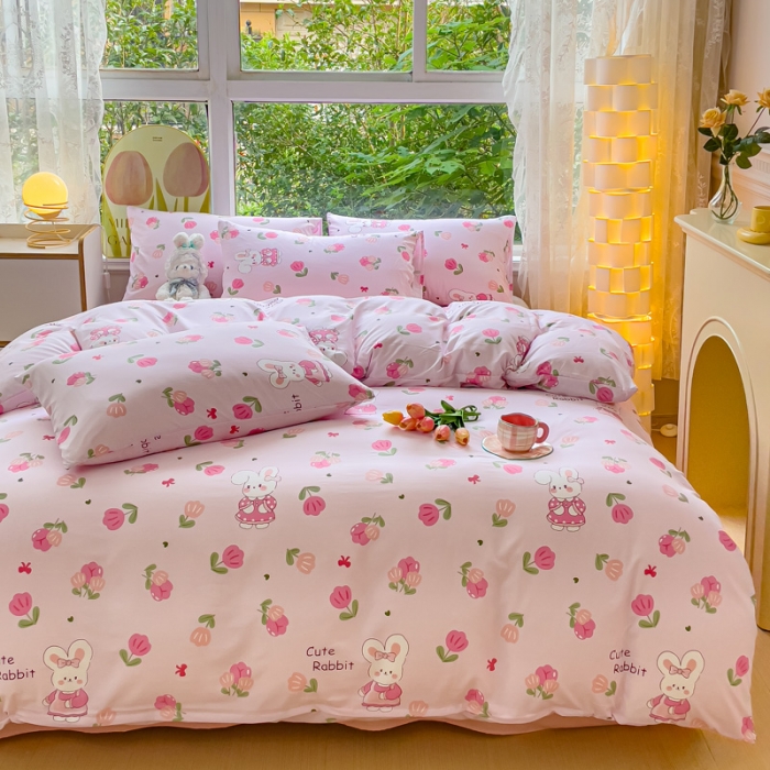 91家纺网 家纺一手货源 找家纺 暖芯优选 2023直播热款超柔水洗棉双层纱四件套 可爱兔