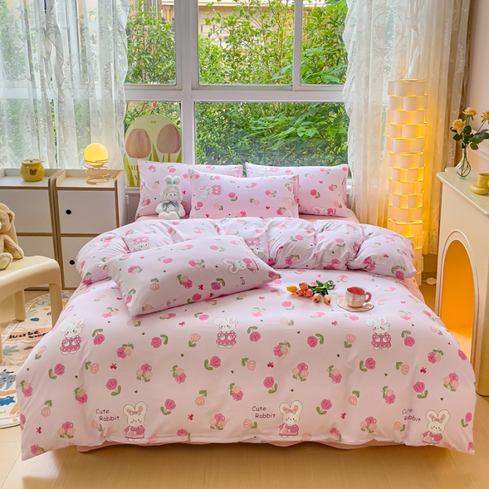 91家纺网 家纺一手货源 找家纺 暖芯优选 2023直播热款超柔水洗棉双层纱四件套 可爱兔