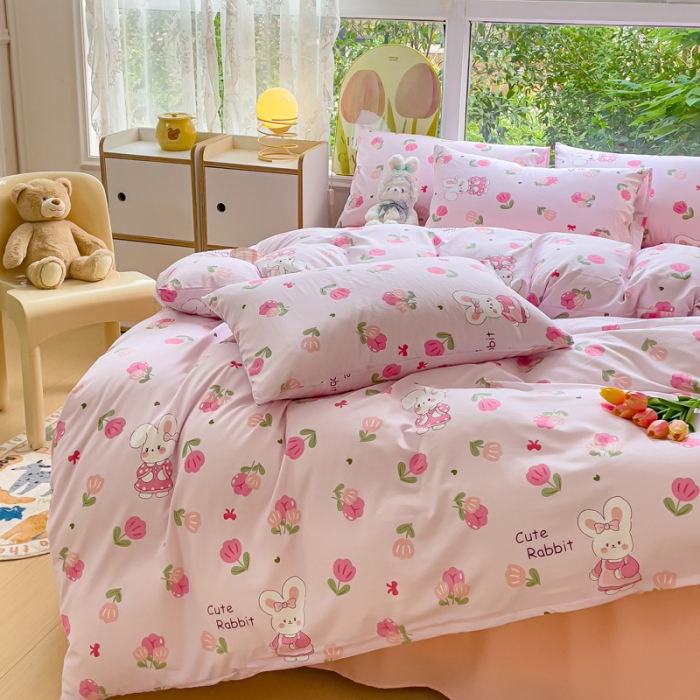 91家纺网 家纺一手货源 找家纺 暖芯优选 2023直播热款超柔水洗棉双层纱四件套 可爱兔