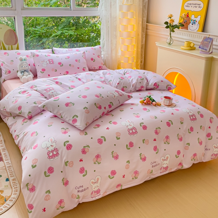 91家纺网 家纺一手货源 找家纺 暖芯优选 2023直播热款超柔水洗棉双层纱四件套 可爱兔