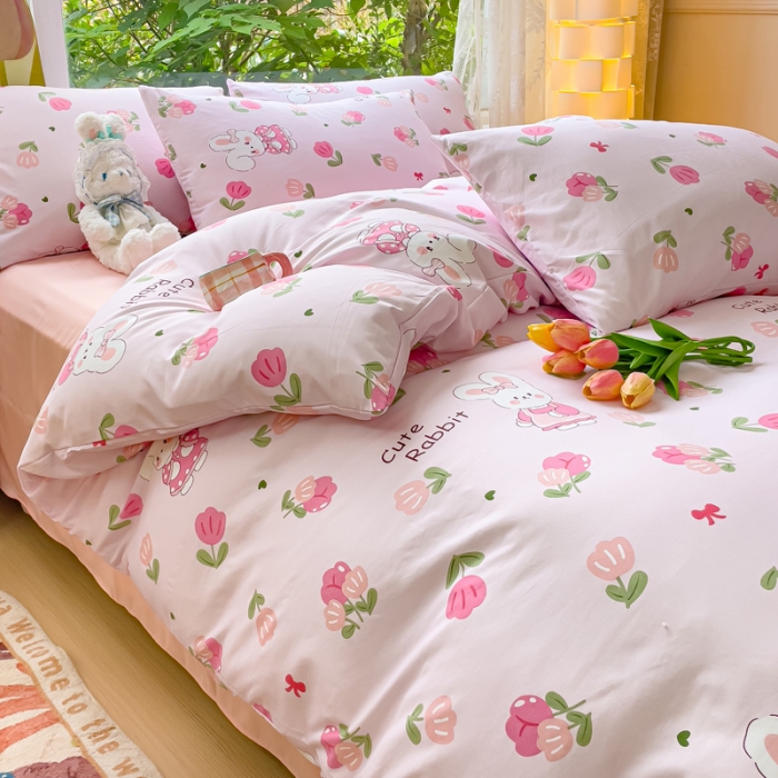 91家纺网 家纺一手货源 找家纺 暖芯优选 2023直播热款超柔水洗棉双层纱四件套 可爱兔