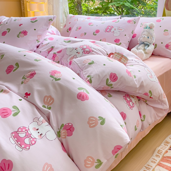 91家纺网 家纺一手货源 找家纺 暖芯优选 2023直播热款超柔水洗棉双层纱四件套 可爱兔