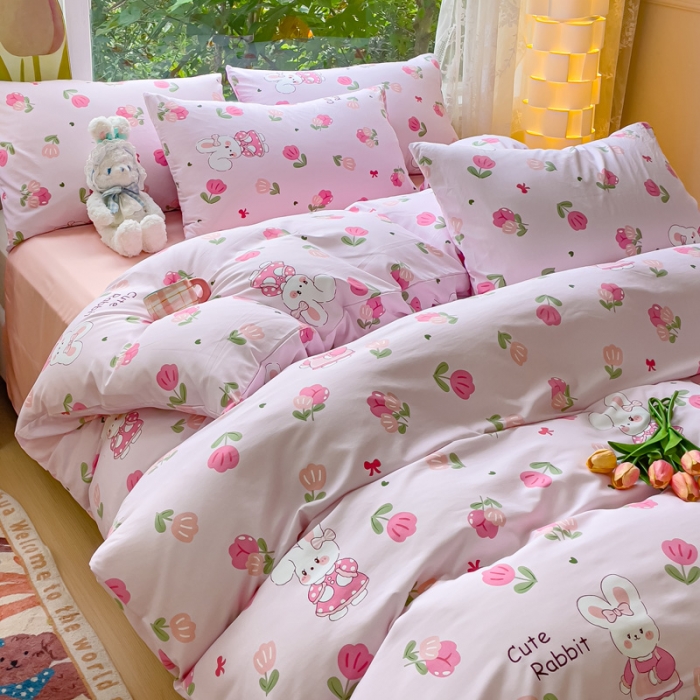 91家纺网 家纺一手货源 找家纺 暖芯优选 2023直播热款超柔水洗棉双层纱四件套 可爱兔