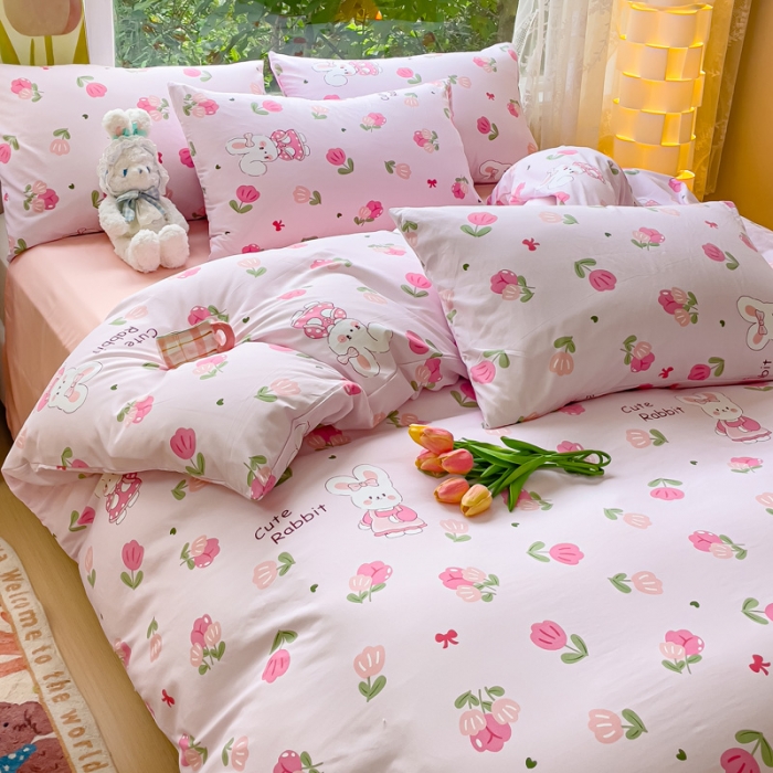 91家纺网 家纺一手货源 找家纺 暖芯优选 2023直播热款超柔水洗棉双层纱四件套 可爱兔