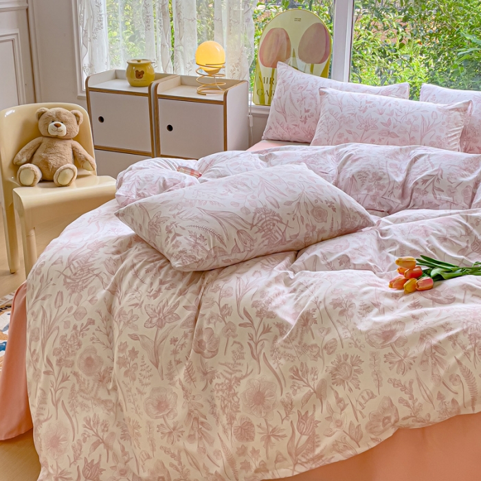 91家纺网 家纺一手货源 找家纺 暖芯优选 2023直播热款超柔水洗棉双层纱四件套 清雅