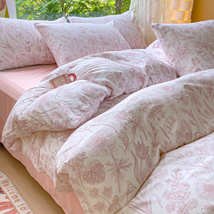 91家纺网 家纺一手货源 找家纺 暖芯优选 2023直播热款超柔水洗棉双层纱四件套 清雅