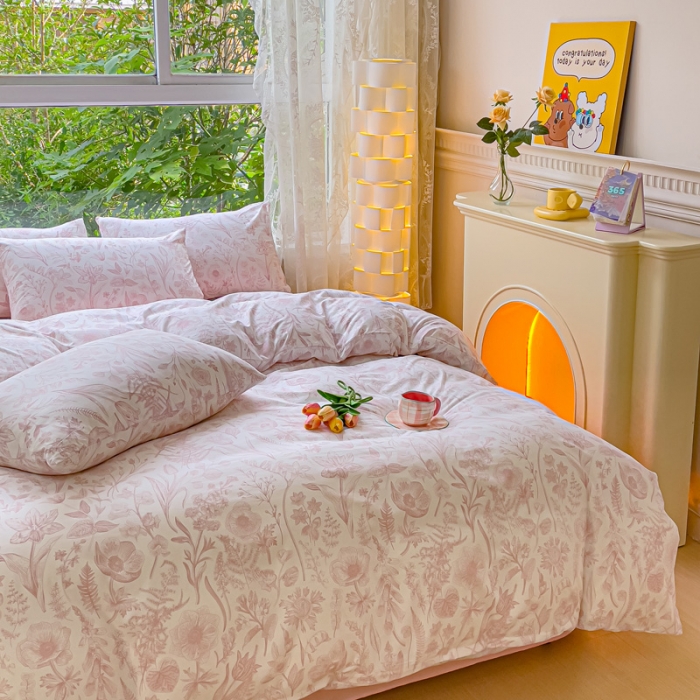 91家纺网 家纺一手货源 找家纺 暖芯优选 2023直播热款超柔水洗棉双层纱四件套 清雅