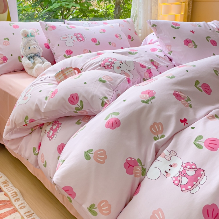 91家纺网 家纺一手货源 找家纺 暖芯优选 2023直播热款超柔水洗棉双层纱四件套 可爱兔