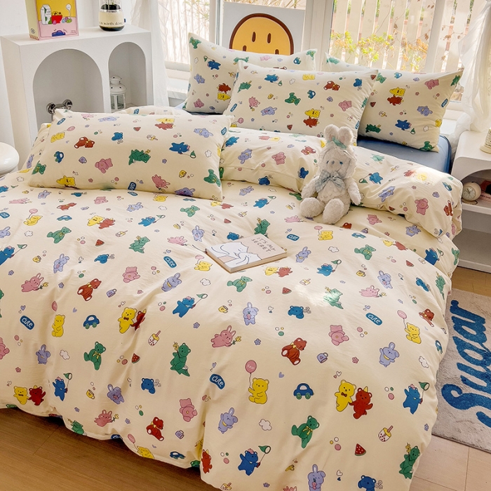 91家纺网 家纺一手货源 找家纺 暖芯优选 2023直播热款超柔水洗棉双层纱四件套 小熊乐园