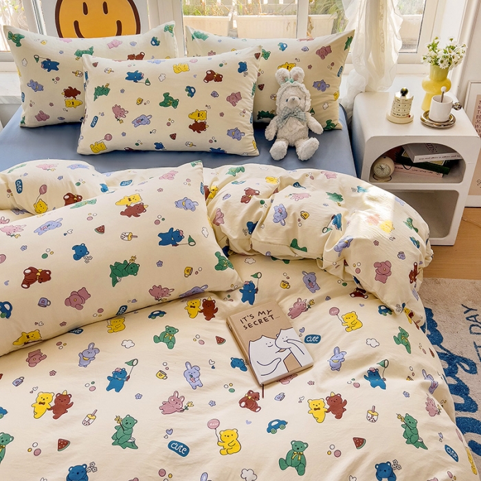 91家纺网 家纺一手货源 找家纺 暖芯优选 2023直播热款超柔水洗棉双层纱四件套 小熊乐园