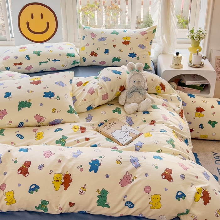 91家纺网 家纺一手货源 找家纺 暖芯优选 2023直播热款超柔水洗棉双层纱四件套 小熊乐园