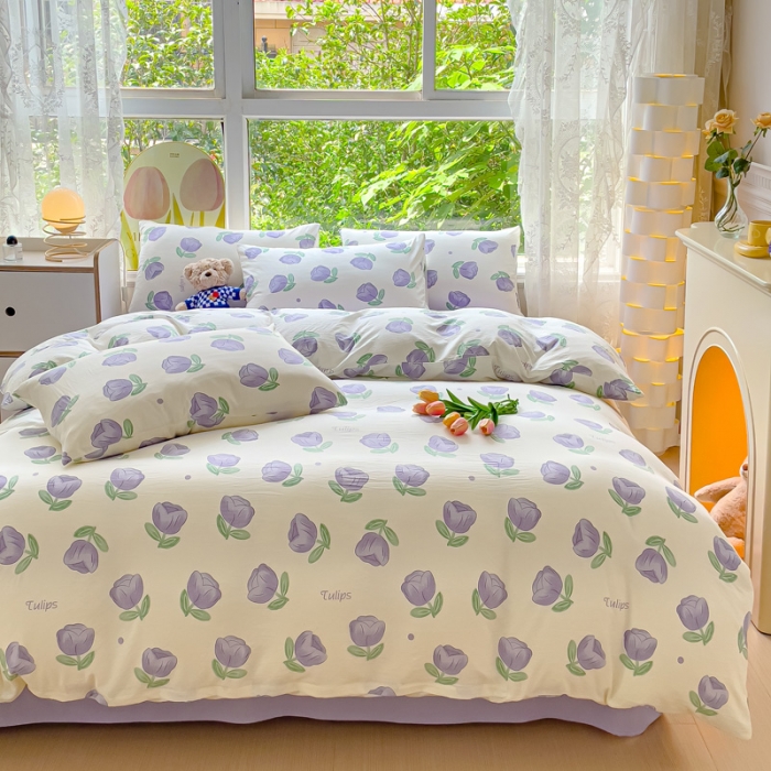 91家纺网 家纺一手货源 找家纺 暖芯优选 2023直播热款超柔水洗棉双层纱四件套 郁金香