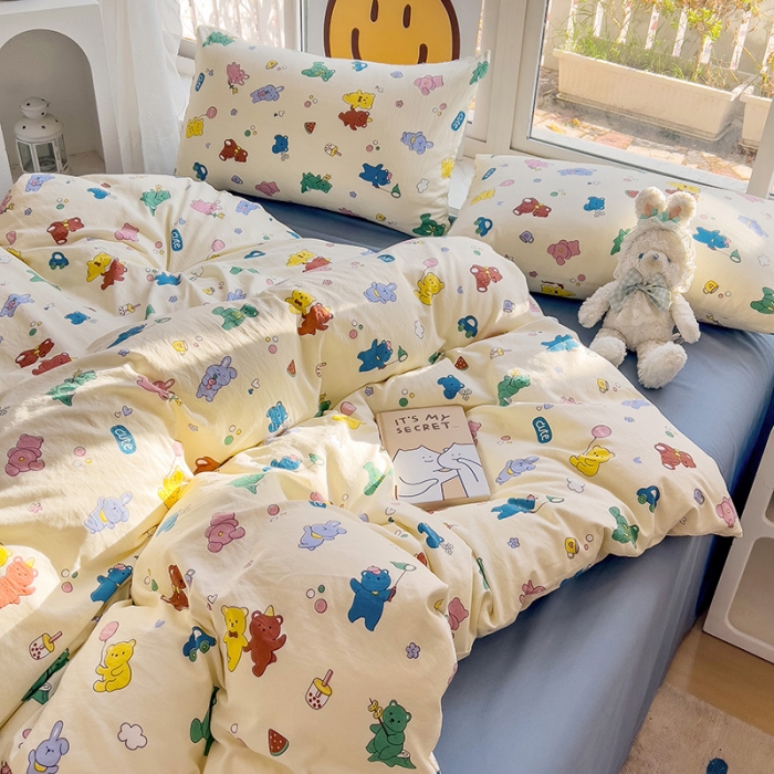 91家纺网 家纺一手货源 找家纺 暖芯优选 2023直播热款超柔水洗棉双层纱四件套 小熊乐园