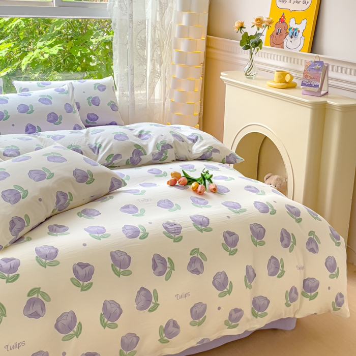 91家纺网 家纺一手货源 找家纺 暖芯优选 2023直播热款超柔水洗棉双层纱四件套 郁金香