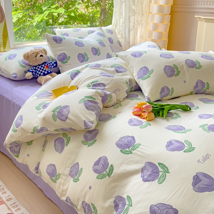 91家纺网 家纺一手货源 找家纺 暖芯优选 2023直播热款超柔水洗棉双层纱四件套 郁金香