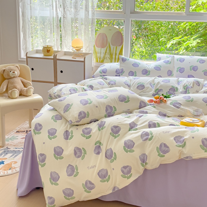 91家纺网 家纺一手货源 找家纺 暖芯优选 2023直播热款超柔水洗棉双层纱四件套 郁金香