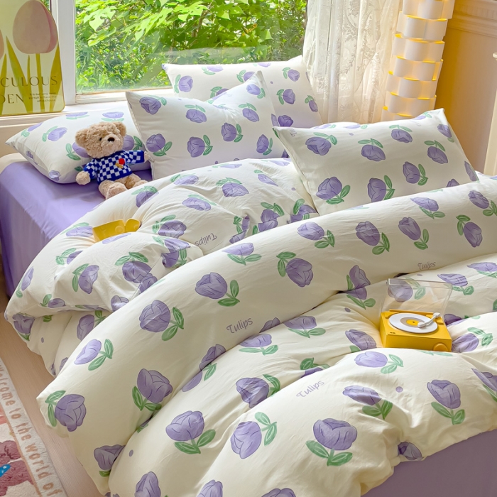 91家纺网 家纺一手货源 找家纺 暖芯优选 2023直播热款超柔水洗棉双层纱四件套 郁金香