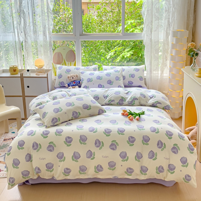 91家纺网 家纺一手货源 找家纺 暖芯优选 2023直播热款超柔水洗棉双层纱四件套 郁金香