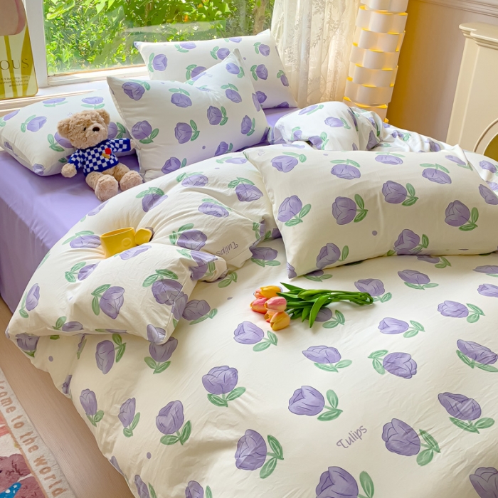 91家纺网 家纺一手货源 找家纺 暖芯优选 2023直播热款超柔水洗棉双层纱四件套 郁金香