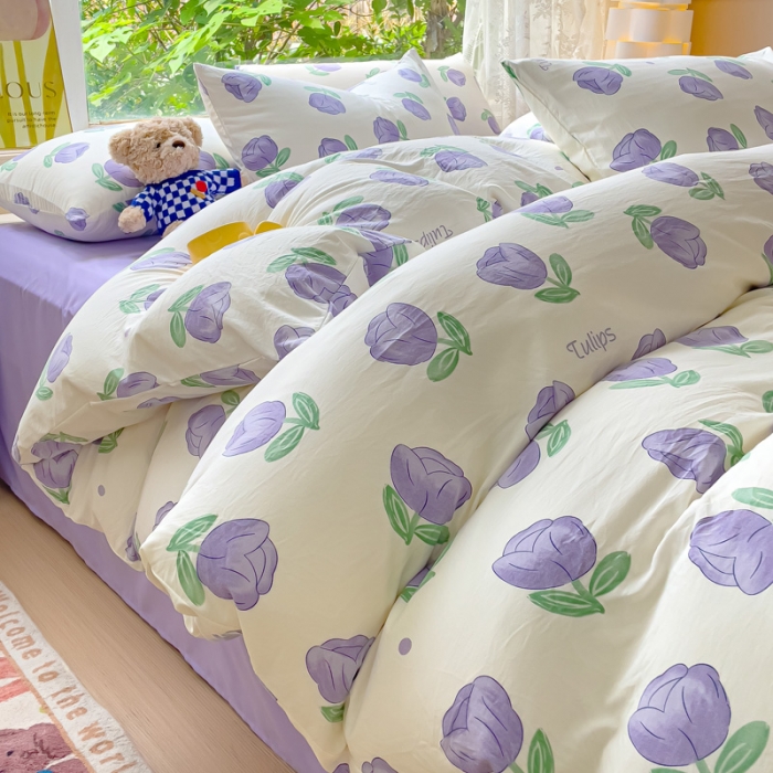 91家纺网 家纺一手货源 找家纺 暖芯优选 2023直播热款超柔水洗棉双层纱四件套 郁金香