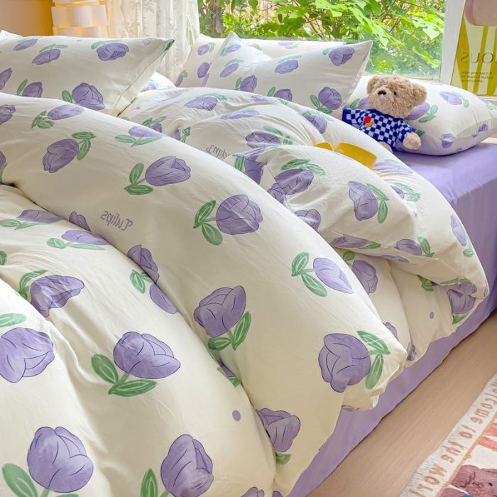 91家纺网 家纺一手货源 找家纺 暖芯优选 2023直播热款超柔水洗棉双层纱四件套 郁金香