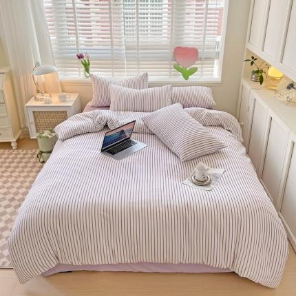 91家纺网 家纺一手货源 找家纺 暖芯优选2023直播款无印风双层纱棉麻水洗棉麻四件套竖条纹丁香紫条