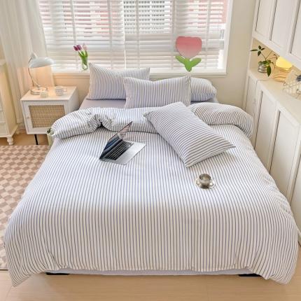 91家纺网 家纺一手货源 找家纺 暖芯优选2023直播款无印风双层纱棉麻水洗棉麻四件套竖条纹奶油蓝条