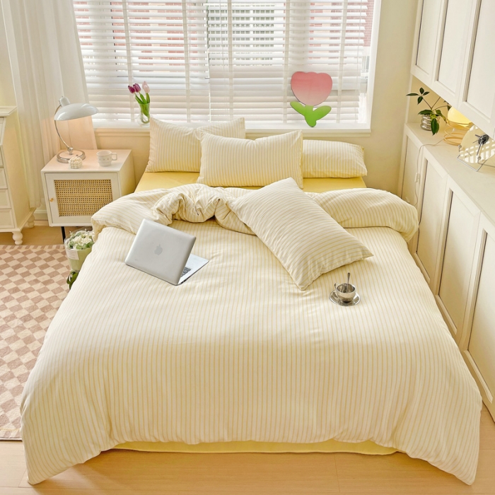 91家纺网 家纺一手货源 找家纺 暖芯优选2023直播款无印风双层纱棉麻水洗棉麻四件套竖条纹嫩鹅黄条