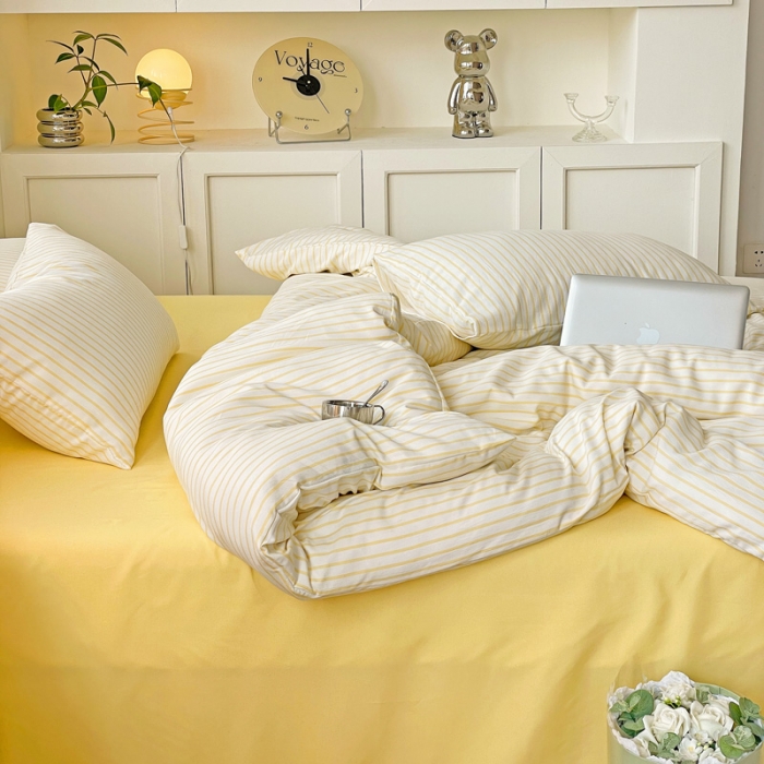 91家纺网 家纺一手货源 找家纺 暖芯优选2023直播款无印风双层纱棉麻水洗棉麻四件套竖条纹嫩鹅黄条